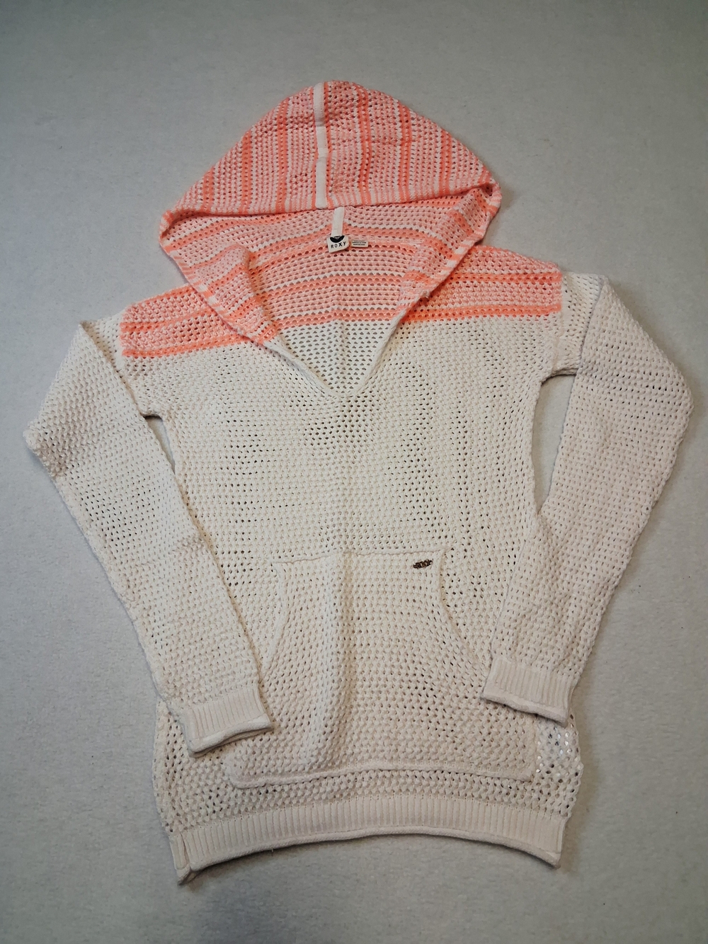 Roxy Cream Open-Knit Hoodie with Coral Pink Hood